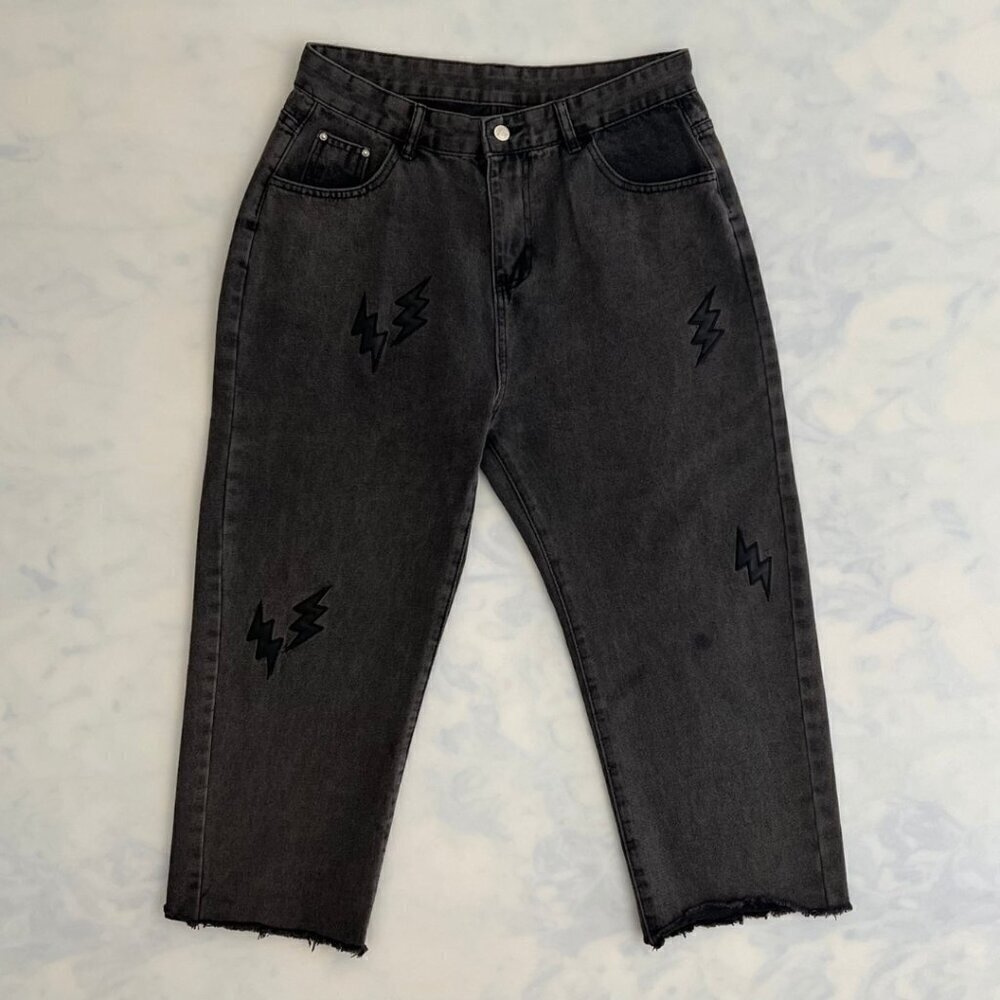 Cuyi Lightening Wide Leg Washed Black Denim Jeans